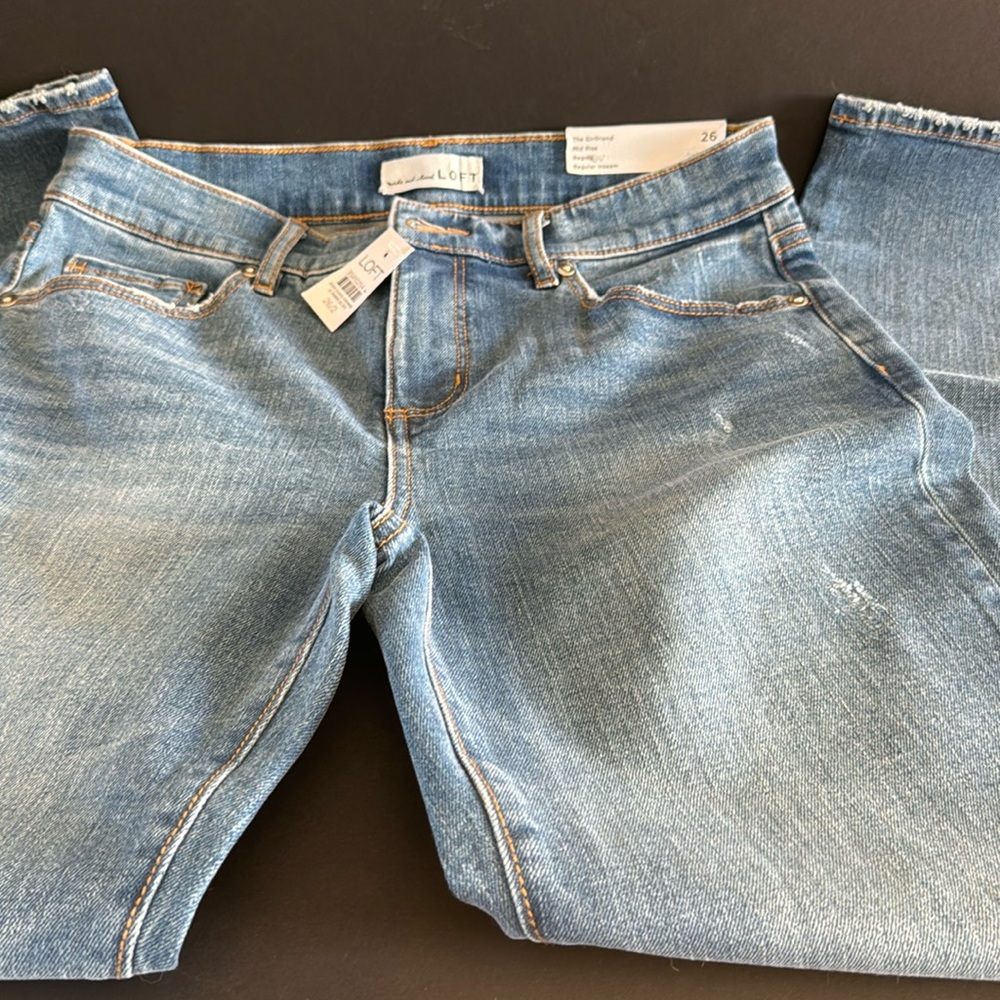 Loft The Girlfriend Mid Rise Medium Stone Wash Denim Jeans 26 2 NWT